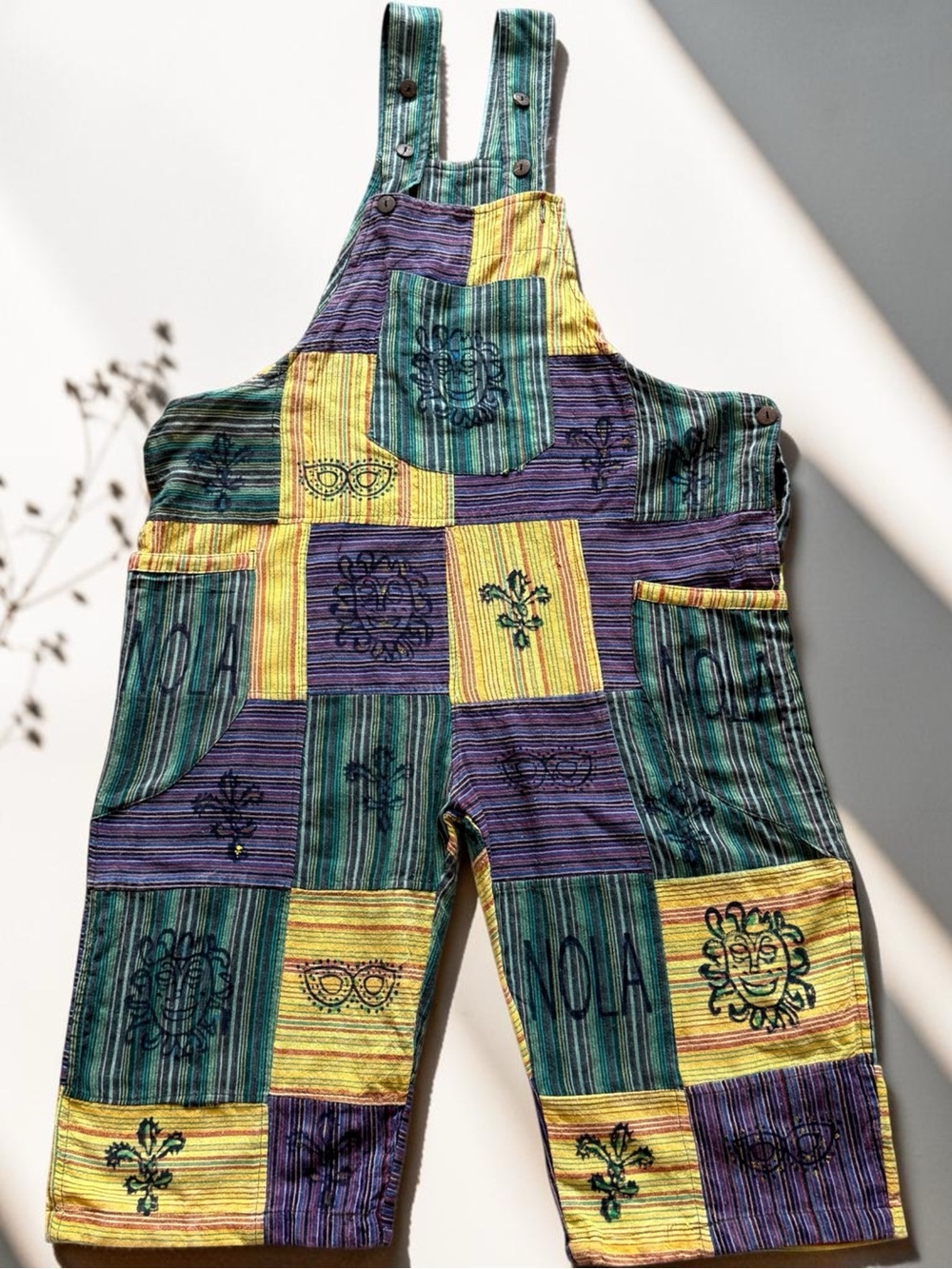 Rising International Multi-Stripe Cotton Overalls in Green, Purple & Yellow